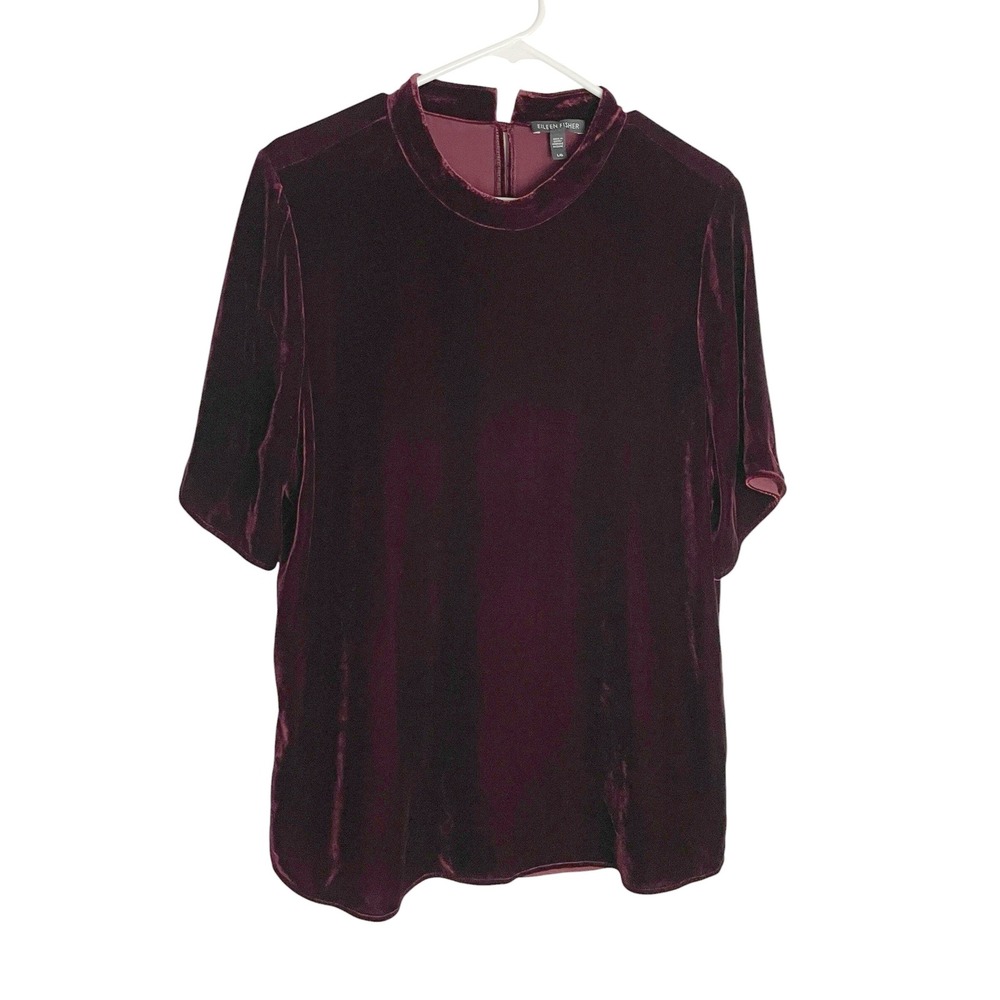 Eileen Fisher Womens Silk Blend Velvet Top Size L Burgundy Mock Neck Short Slv